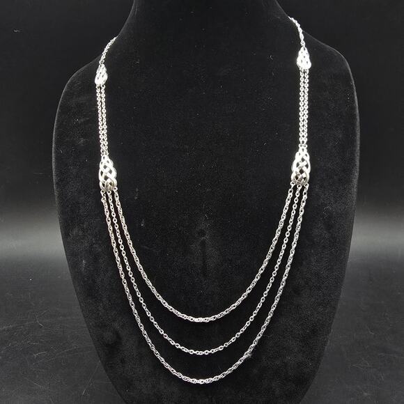 Silver Tone Layered Chain Necklace Woven Weave Stations Long Vintage - Picture 1 of 6